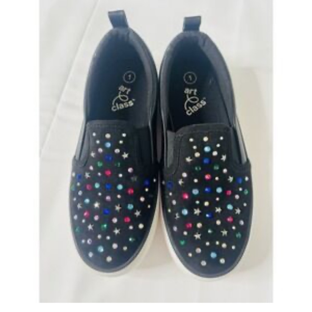 Art Class Kids Black Sneakers with Multicolor Sparkles stars and hearts size 4